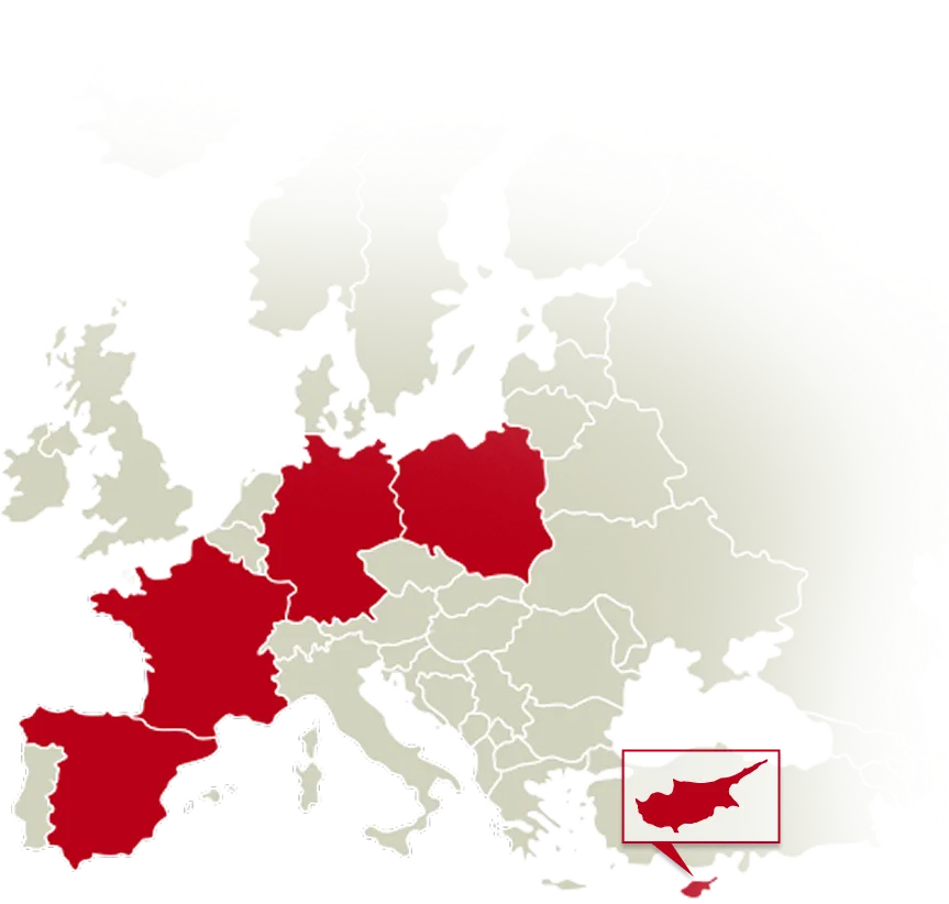 Europakarte mit den Projektländern Deutschland, Frankreich, Spanien, Polen und Zypern